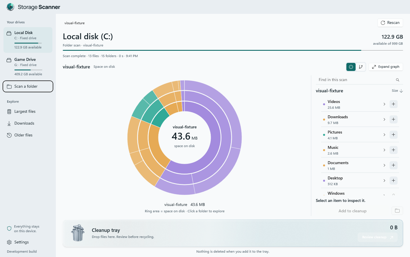 Storage Scanner Sunburst map, folder sizes and cleanup tray in the native Windows 11 application